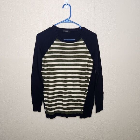 J. Crew Wool Blend Sweater Women XS Blue Green Striped Side Button Elbow Patch - Picture 1 of 7